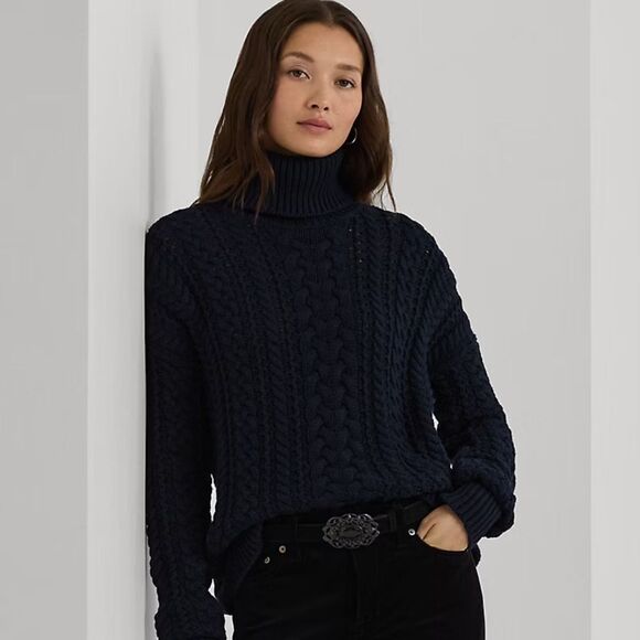Ralph Lauren Purple Label Women's Black Cable Knit Turtleneck Mohair Sweater - Picture 1 of 5